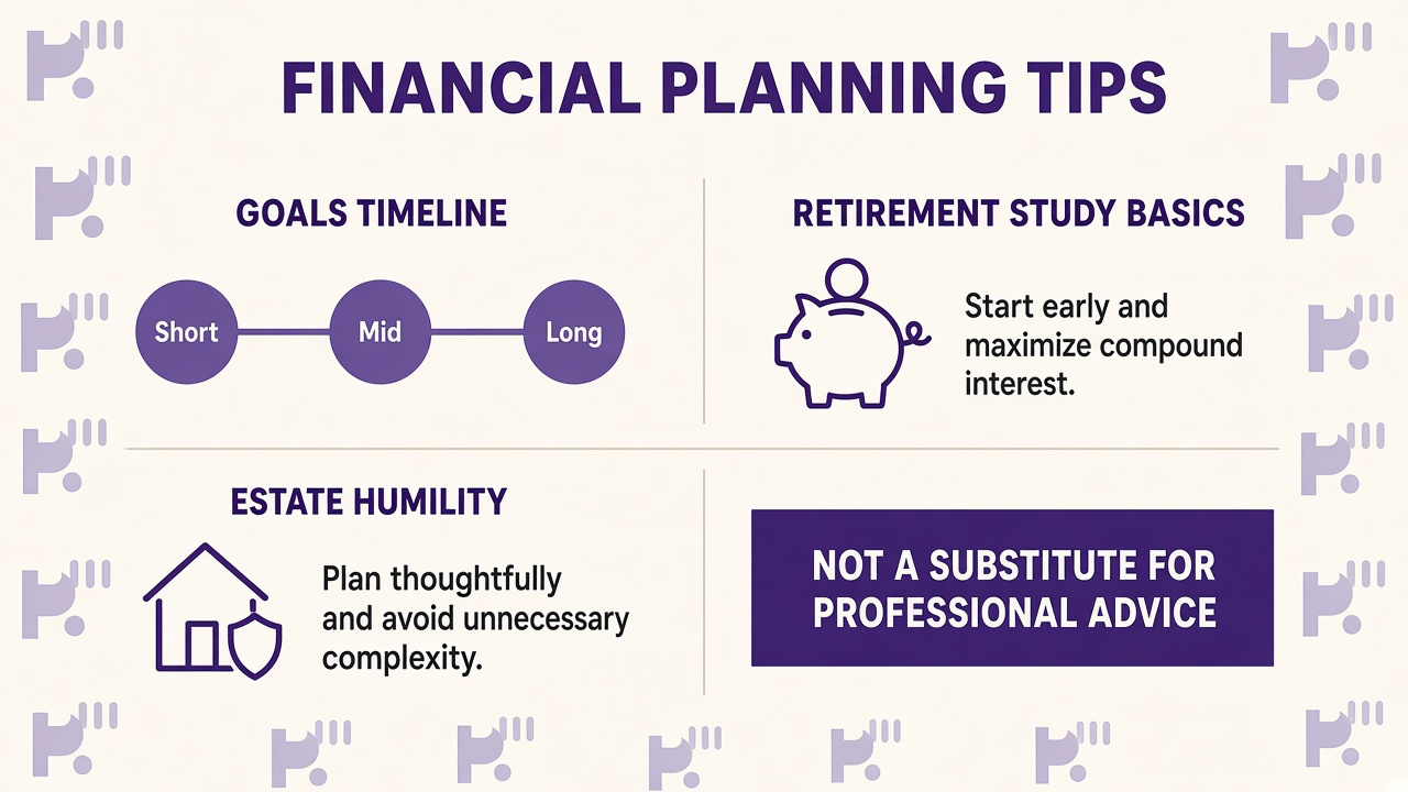 Financial planning tips: name goals, retirement study basics, estate humility, quiz not fiduciary advice