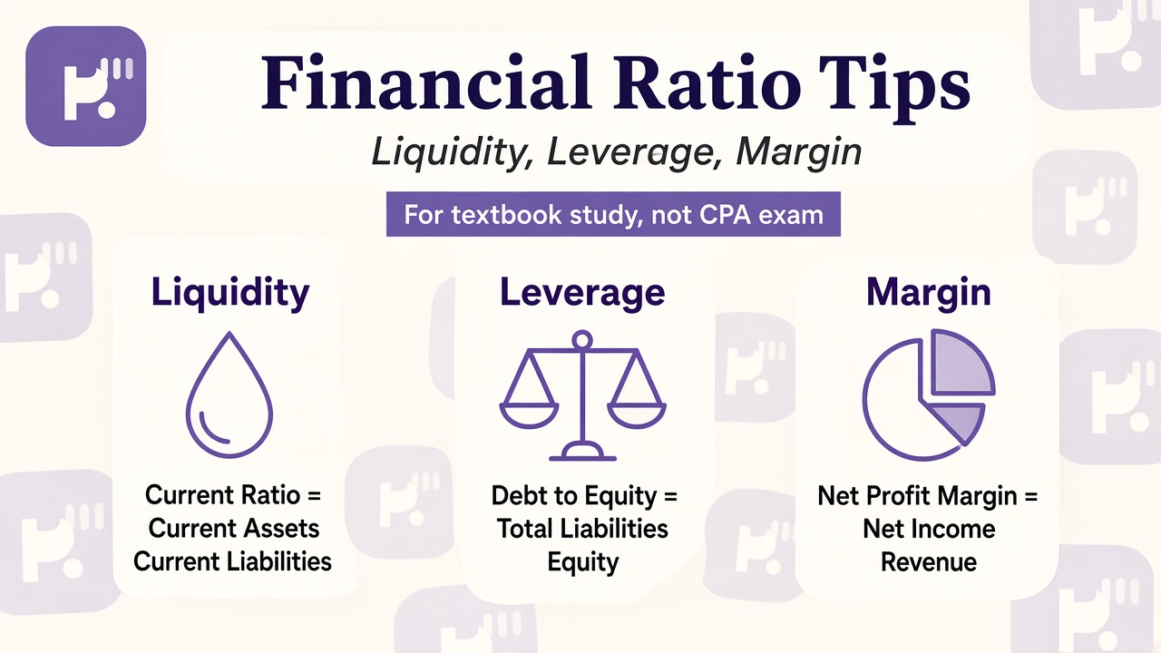 Financial ratio study tips: liquidity, leverage, profit margin, textbook practice, not CPA exam