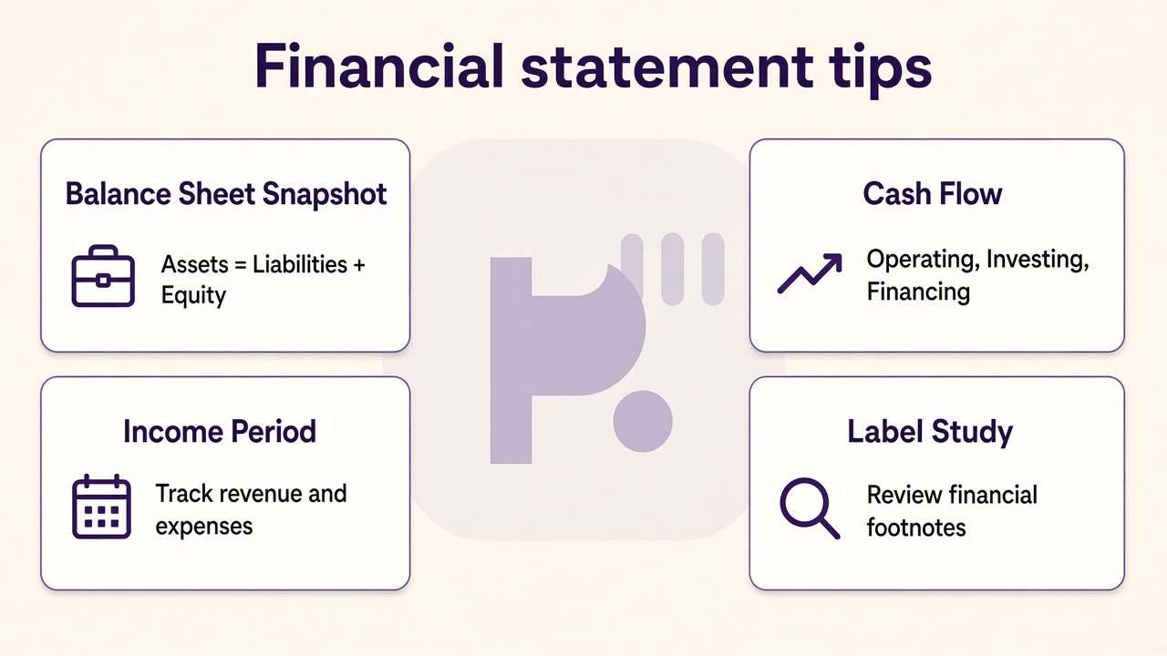 Financial statement study tips: balance sheet, income statement, cash flow sections, label literacy not CPA exam