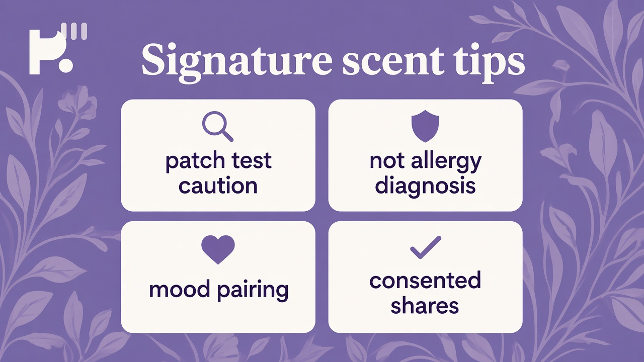 Signature scent tips: note families as vocabulary; mood and season pairing; patch test and sample habits; quiz not allergy diagnosis; kind shares not smell shaming