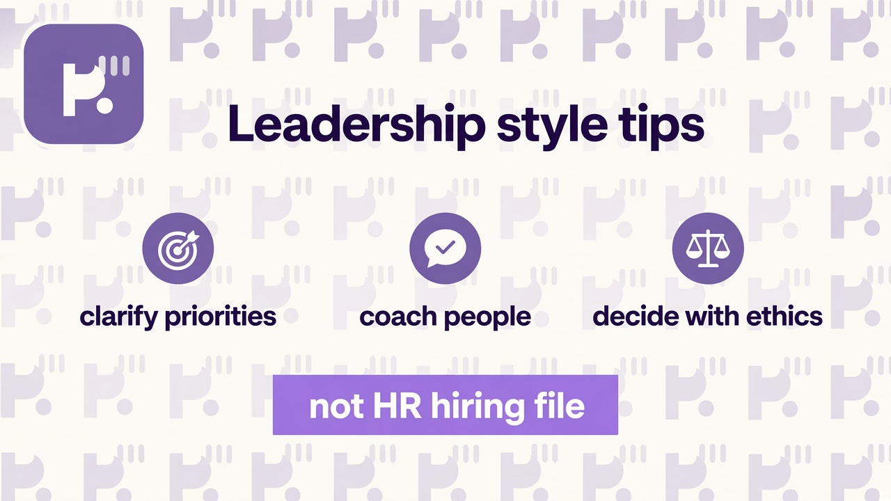 Leadership style tips: clarify direction; coach and credit people; decide with accountability; quiz not HR file; no bar-height hiring