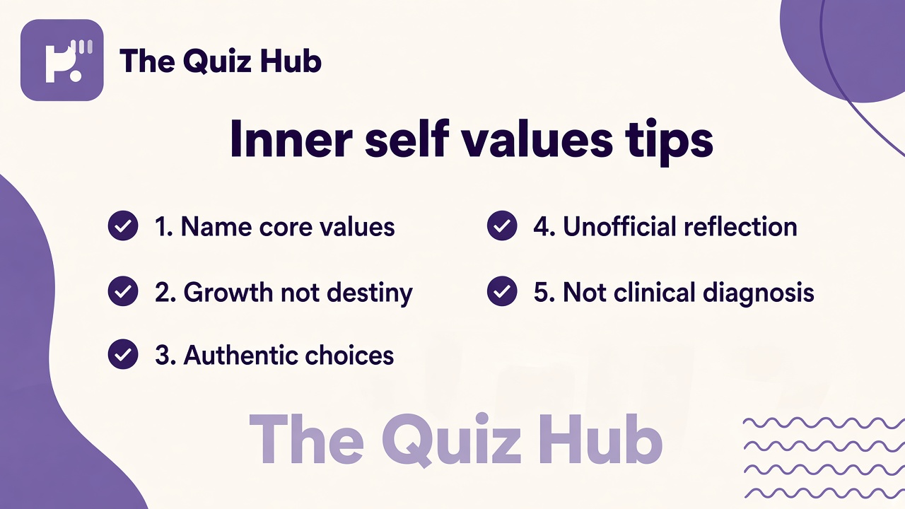 Inner self tips: name values; reflect without shame; align small choices; quiz not diagnosis; growth not destiny