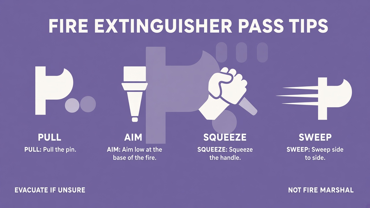 Fire extinguisher study tips: Class ABCK labels, PASS steps, evacuate when unsure, recharge tags, call 911, not fire marshal