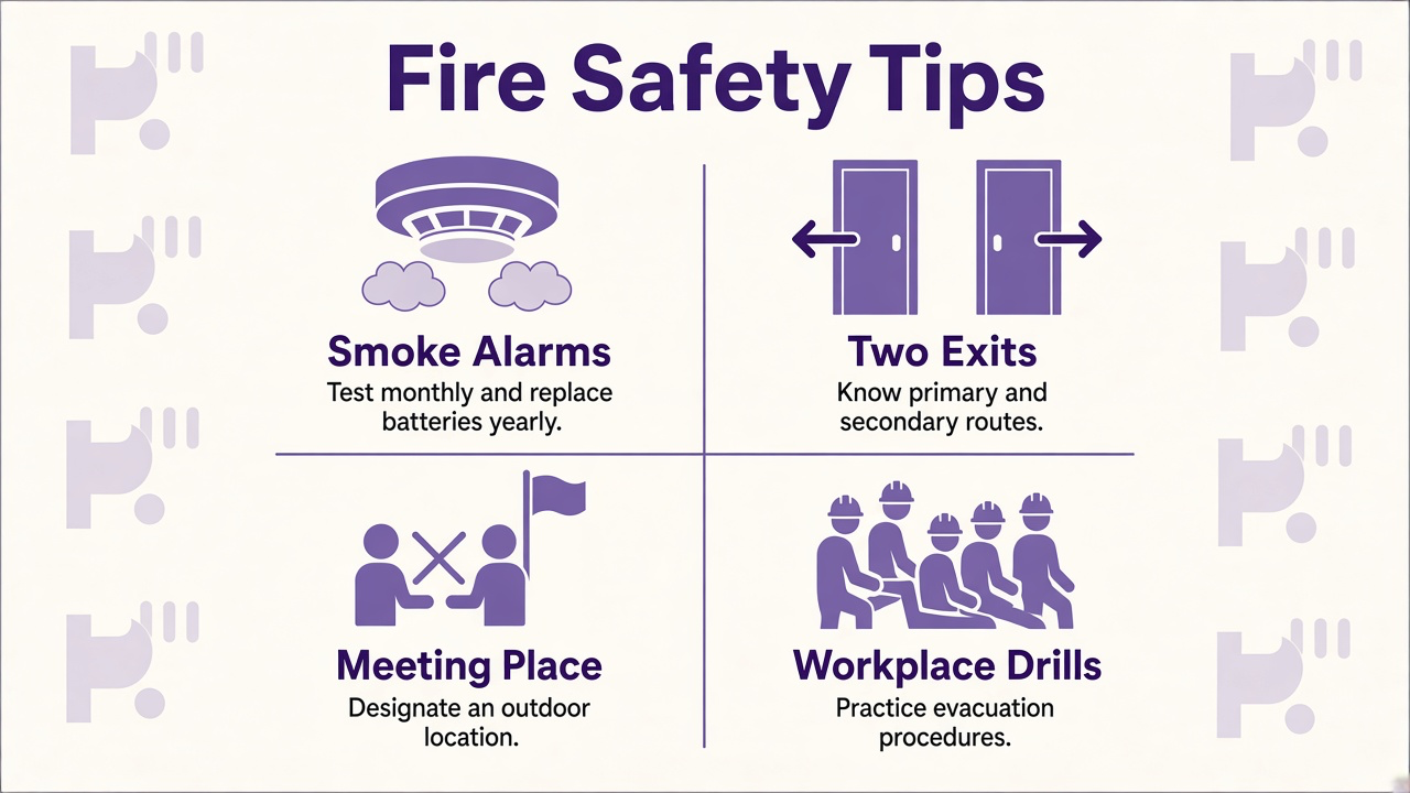 Fire safety study tips: test smoke alarms, two exits, meeting place, workplace drills, call 911, not inspector badge