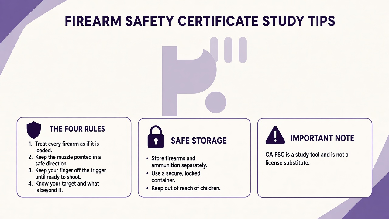 CA FSC study tips: four rules, safe storage, DOJ curriculum literacy, proctored exam not this quiz, 988 crisis line