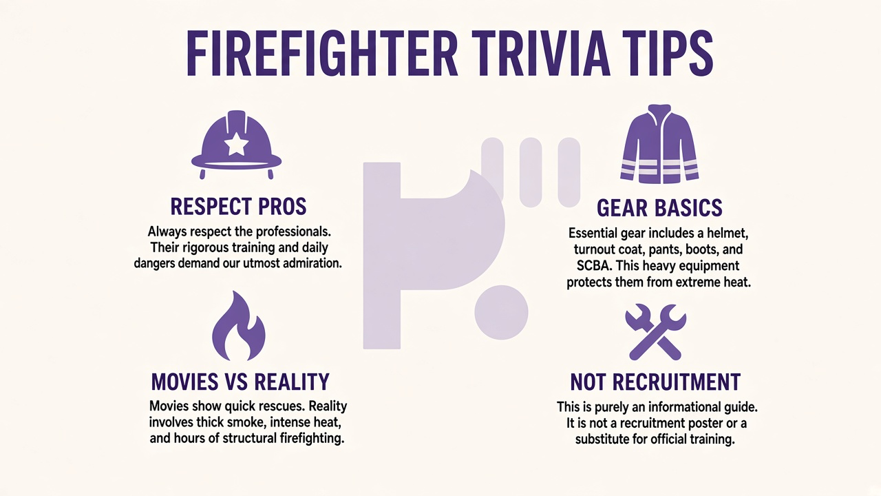 Firefighter quiz tips: engine ladder trivia, bunker gear lore, respect pros, unofficial fun, not recruitment