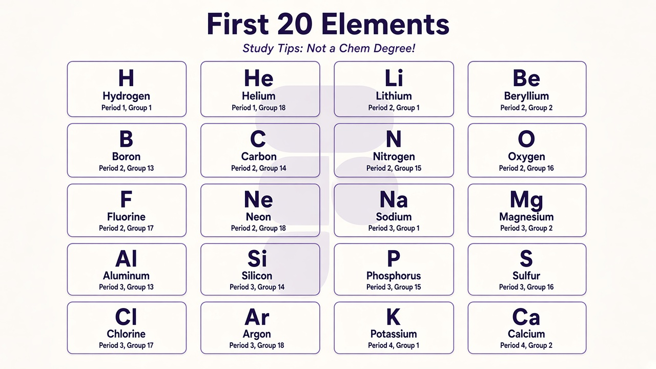 First 20 elements tips: H through Ca order, Na Mg Al symbols, periods and noble gases, blank table drills, quiz not chem degree