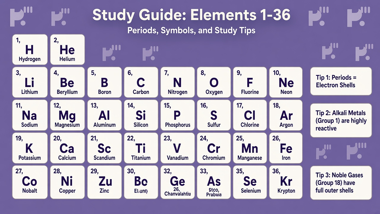 First 36 elements tips: H through Kr order, Ga As Se Br symbols, krypton noble gas, blank table drills, quiz not chem degree