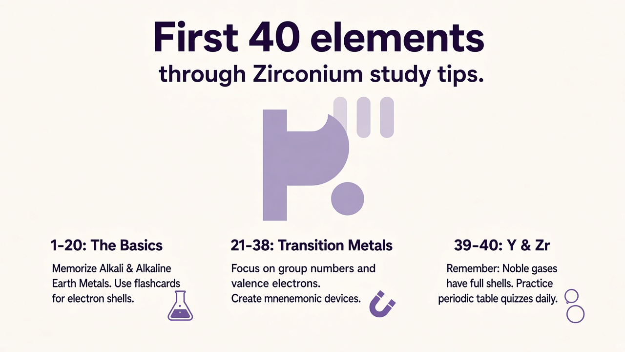 First 40 elements tips: H through Zr order, Rb Sr Y Zr symbols, period 5 start, blank table drills, quiz not chem degree