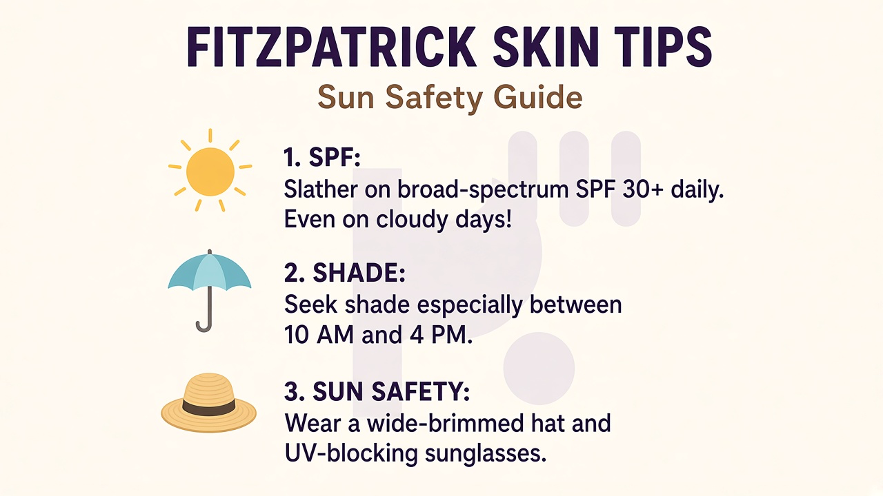 Fitzpatrick sun tips: know your burn pattern; SPF and shade; flash and foundation humility; dermatology for spots; quiz not diagnosis
