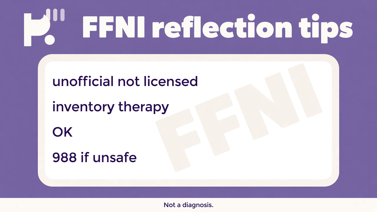 FFNI-inspired tips: notice spotlight pulls; name hurt without scorekeeping; repair after entitlement; therapy OK; 988 crisis; quiz not licensed FFNI