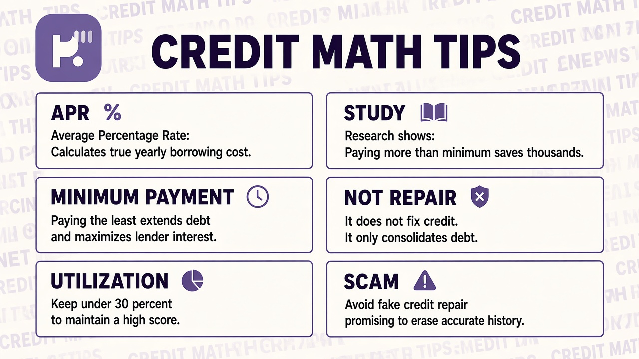 Credit math tips: know APR, minimum payment cost, utilization basics, avoid repair scams, quiz not CFP