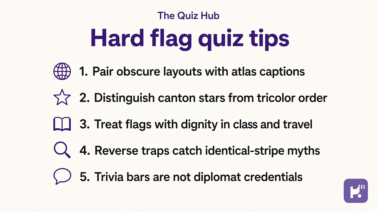 Flag quiz hard tips: obscure pennants carpets crests, look-alike separations, study not geopolitics dunking, quiz not diplomat cert