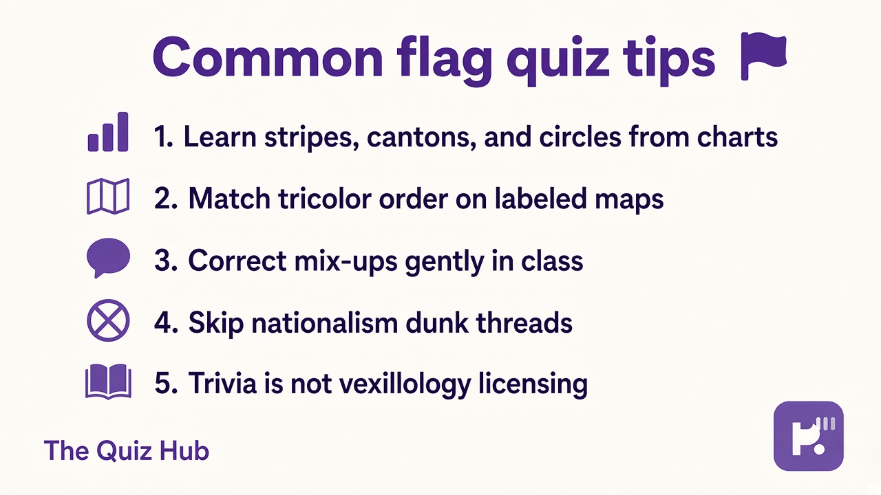 Flag quiz tips: common stripes stars circles, map paired study, respectful symbols, quiz not vexillology diploma