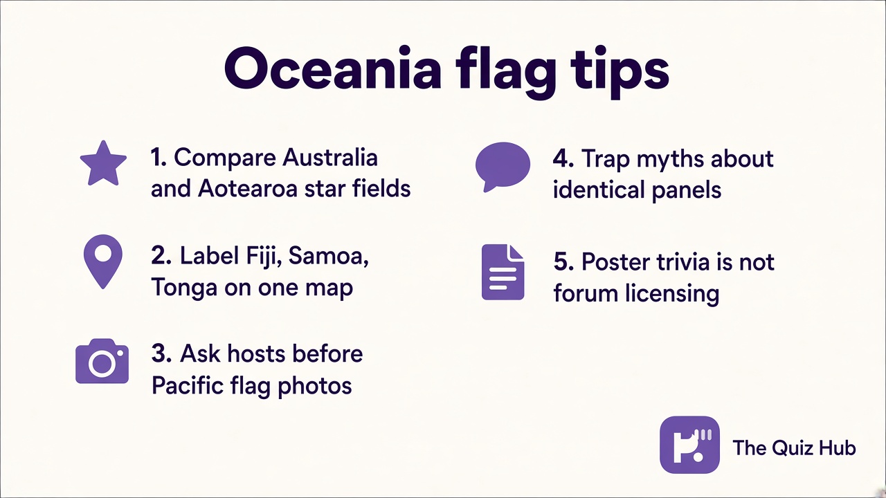 Oceania flag tips: Southern Cross, island emblems, Pacific neighbors, respect flags, quiz not vexillology cert