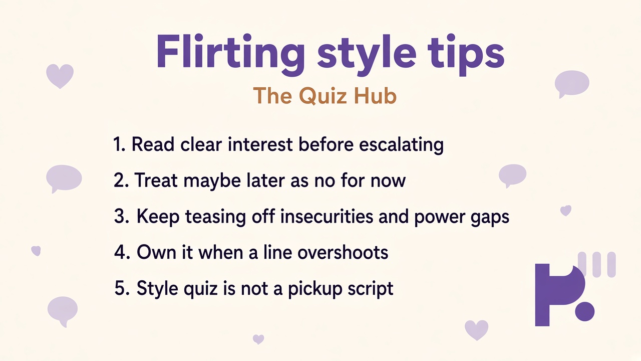 Flirting style tips: clear signals; ask and read no; playful not pressure; quiz not pickup script; respect opt-out