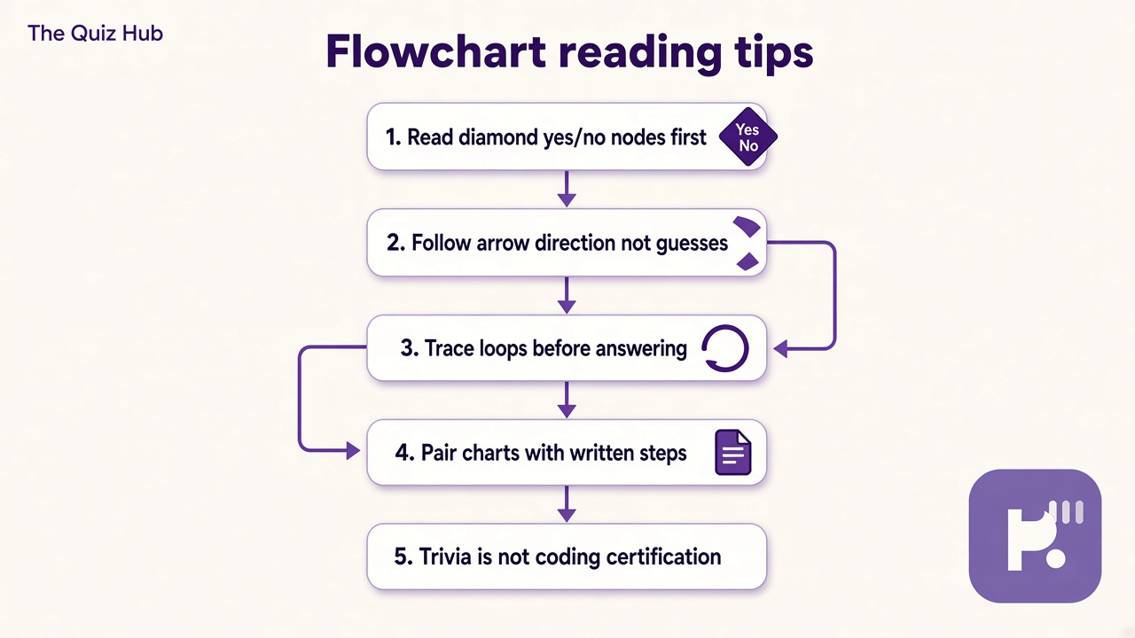 Flowchart quiz tips: read node shapes; trace yes no branches; follow printed steps calmly; loops need rereads; study literacy not coding cert