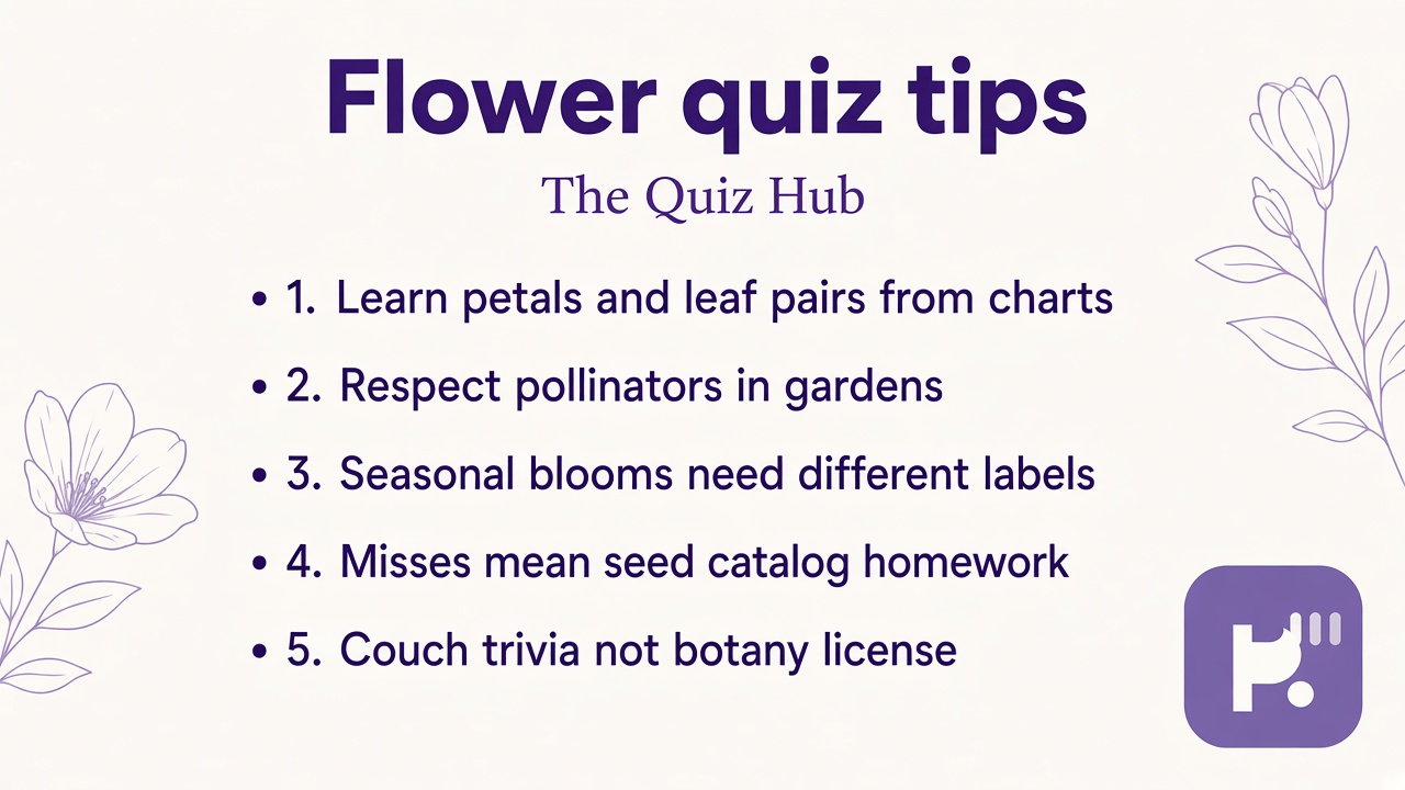 Flower quiz tips: common bloom names; stay on paths; pollinator kindness; seasonal curiosity; unofficial fun not botany license