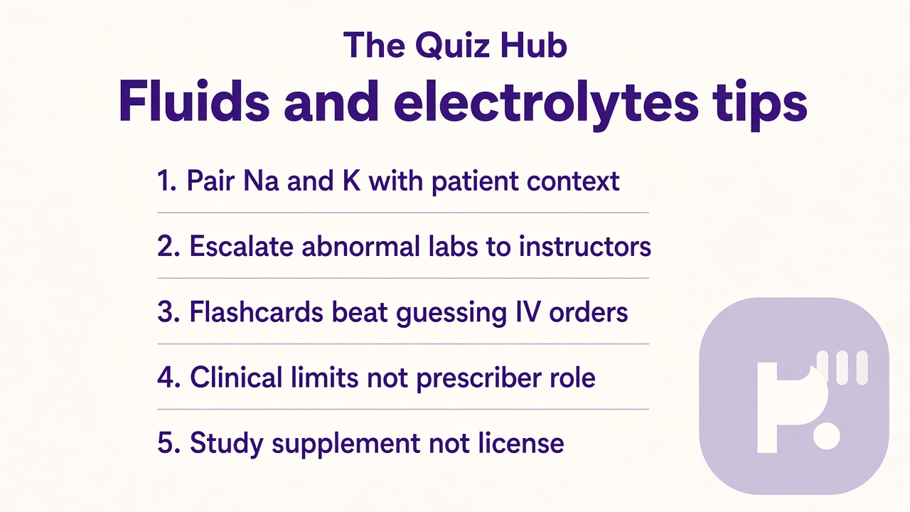 Fluid electrolyte tips: Na K basics, lab units, escalate to RN, sim lab not IV orders, study habits not diagnosis