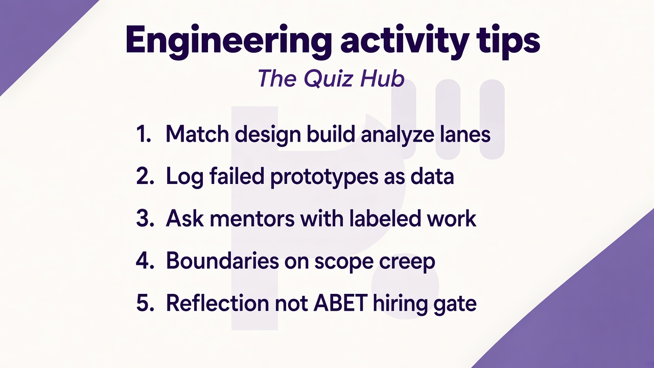 Engineering activity tips: notice design build analyze pull, kind lab teamwork, feedback pivots, quiz not ABET hiring, unofficial reflection