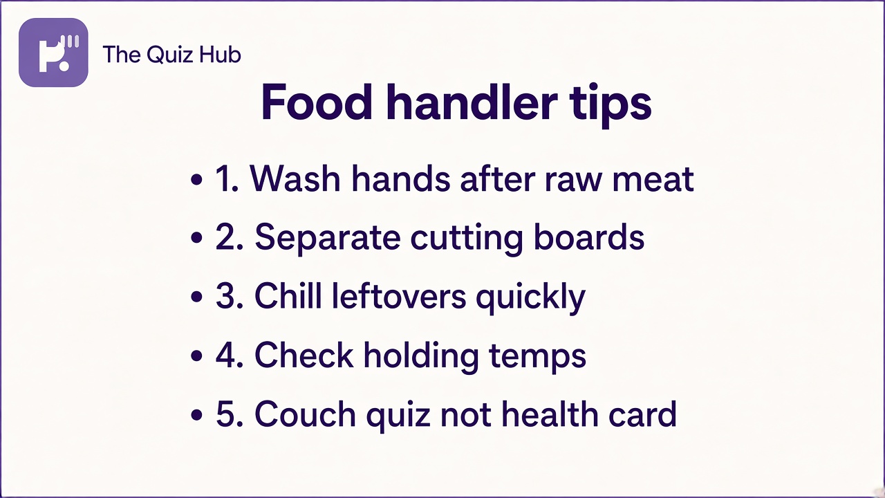 Food handlers quiz tips: scrub soapy hands; separate raw meat; chill leftovers; reheat steaming hot; study habits not health card