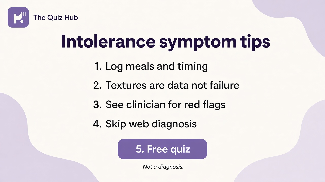 Food intolerance tips: log symptoms with timing; clinician not web label; shame sorting; urgent care red flags; quiz not allergy diagnosis
