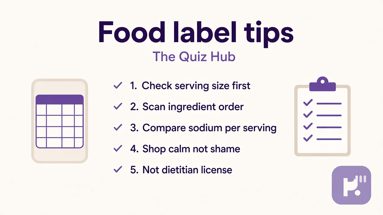 Food label quiz tips: check serving size first; read ingredient order; percent daily value context; calm shopping not fad panic; study literacy not RD license