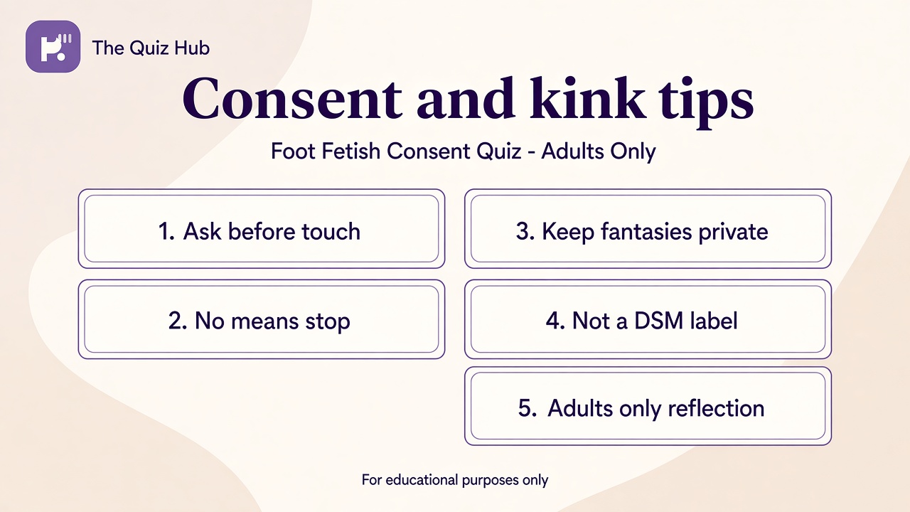 Foot fetish quiz tips: adults only, ask before touch, privacy not outing, quiz not paraphilia diagnosis