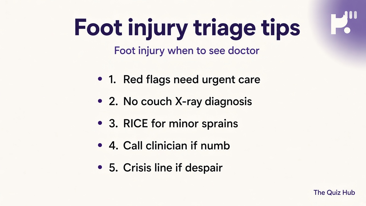 Foot injury triage tips: red flags, call clinician, RICE humility, no couch X-ray diagnosis, 988 if despair