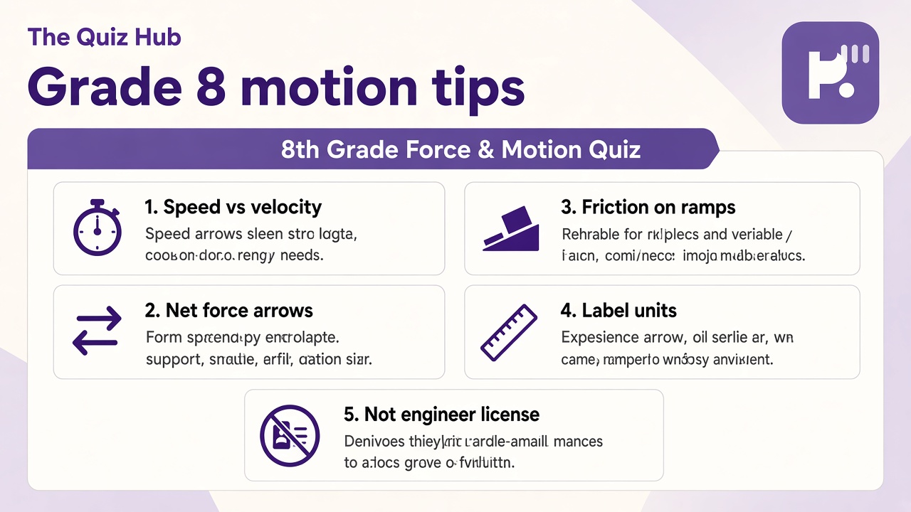 8th grade force and motion tips: speed vs velocity; net force arrows; balanced pairs; friction on ramps; study not engineer license