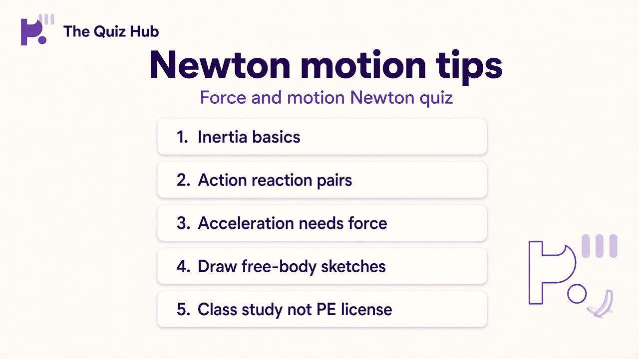Force and motion quiz tips: inertia resists change; action reaction pairs; acceleration needs net force; study literacy not engineer license