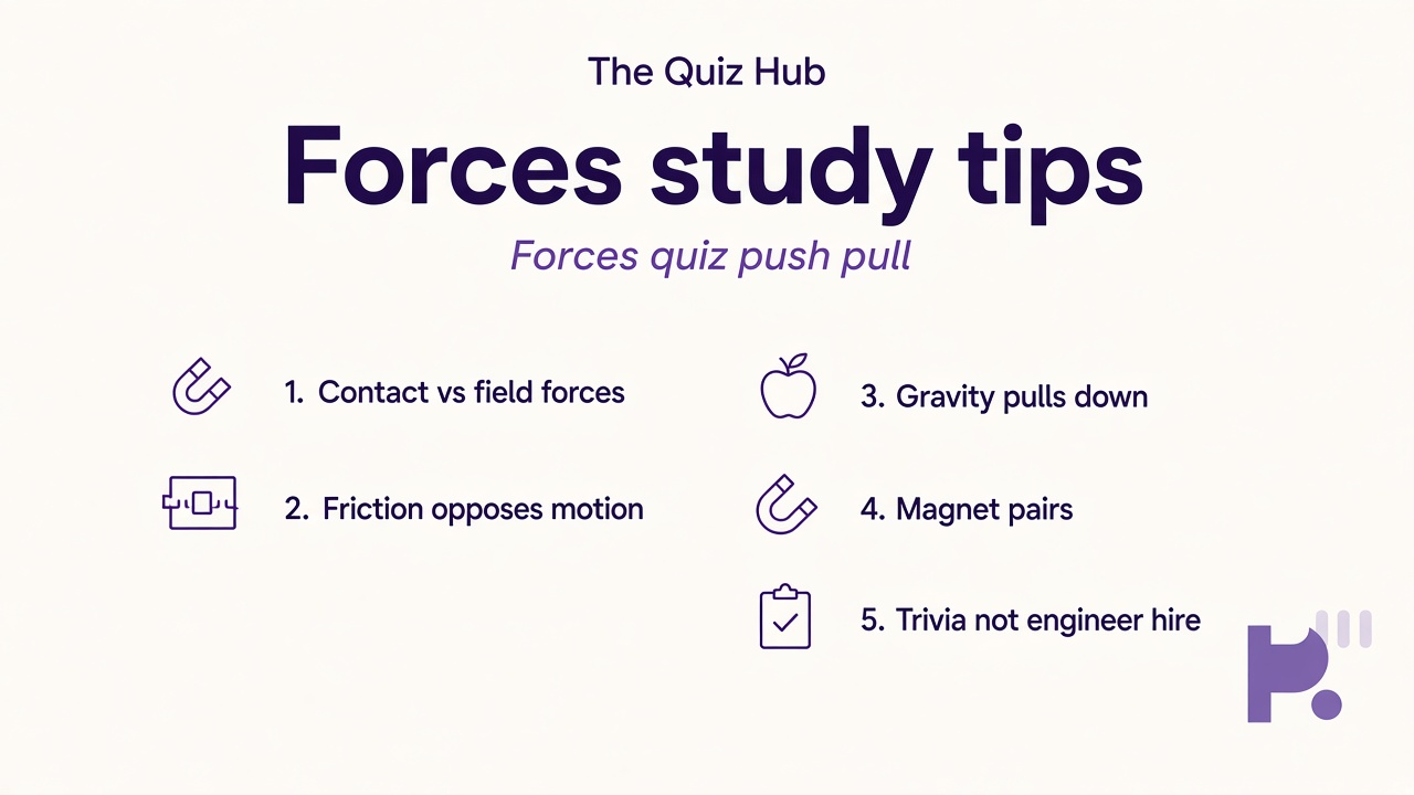 Forces quiz tips: pushes and pulls; friction opposes slide; gravity pulls down; magnets push and pull; study not engineer license