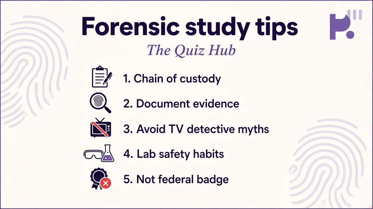 Forensic science quiz tips: preserve evidence; chain of custody; DNA humility; no TV magic; study literacy not detective license