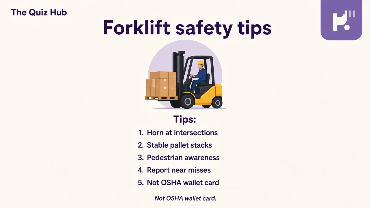 Forklift quiz tips: stable loads; horn at blind corners; pre-op checks; pedestrians first; study literacy not OSHA cert