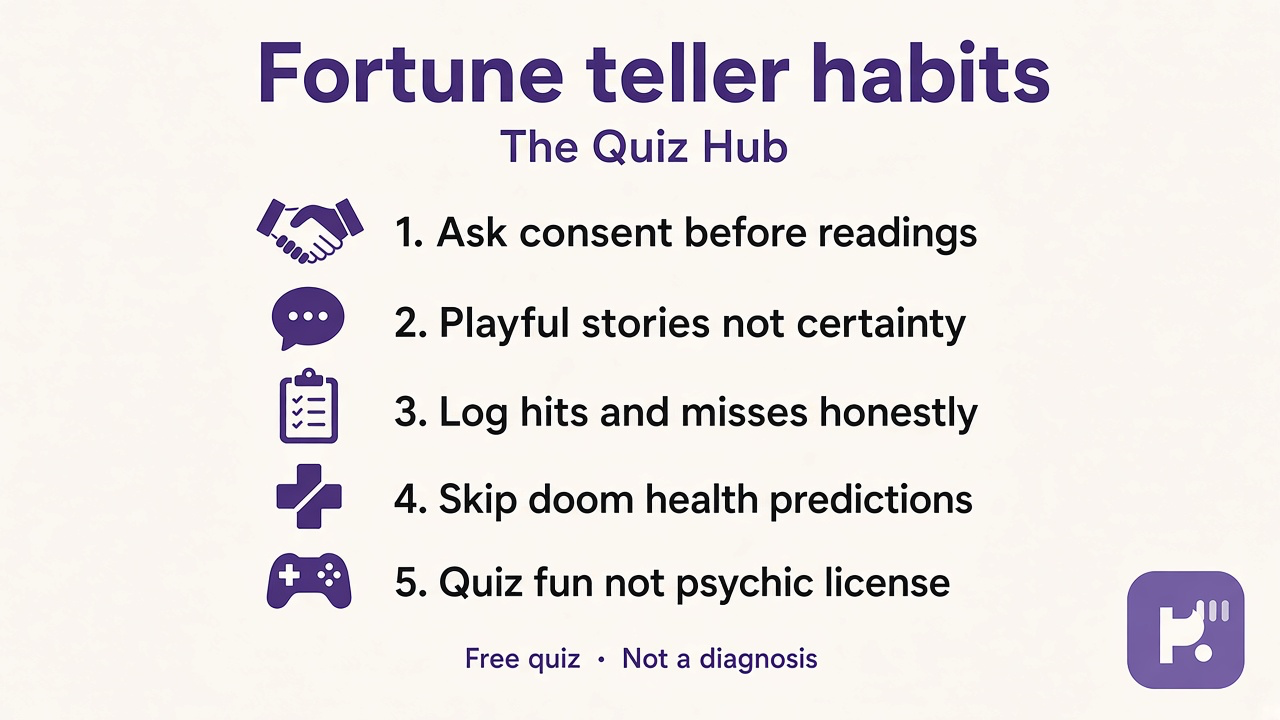 Fortune teller quiz tips: ask consent before readings; playful not certainty; check bias; quiz not psychic cert