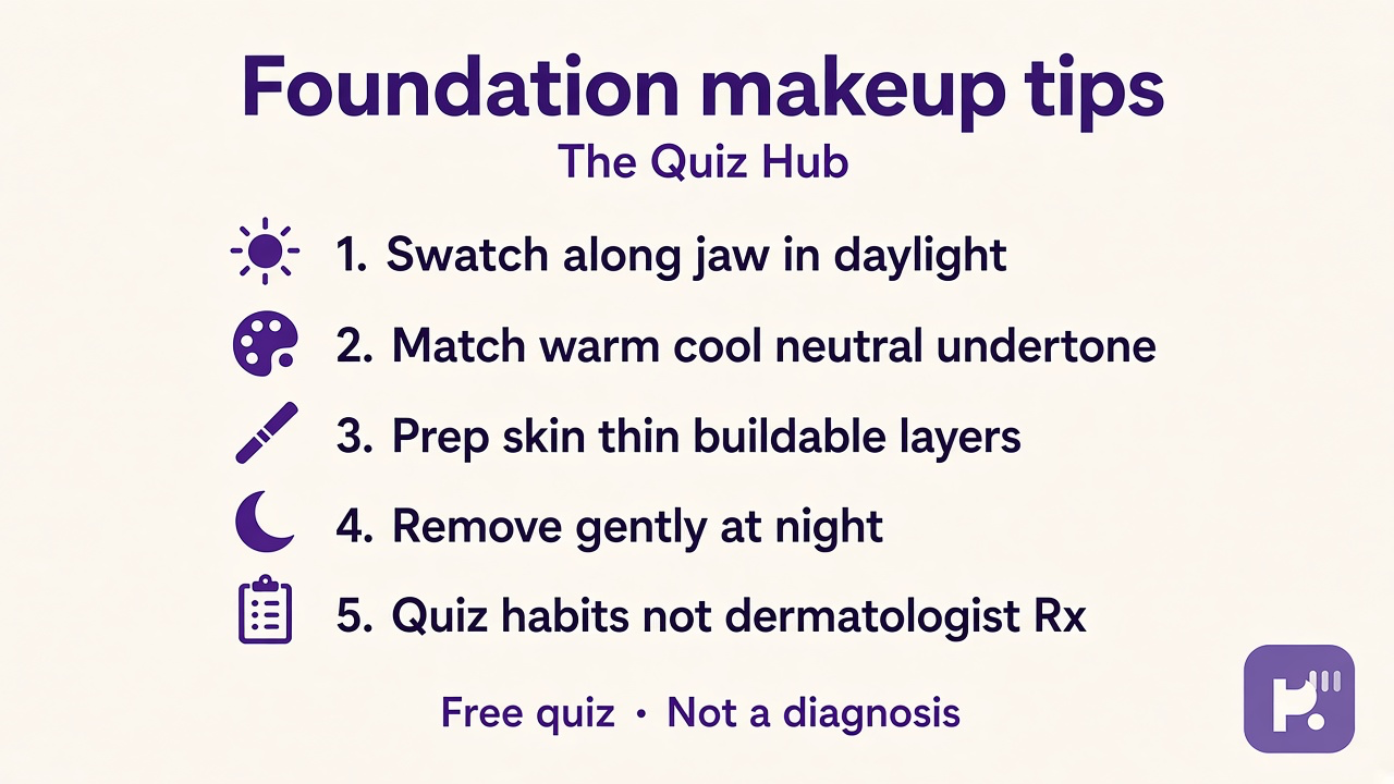 Foundation quiz tips: jaw swatch in daylight; prep and thin layers; match undertone; quiz not dermatologist