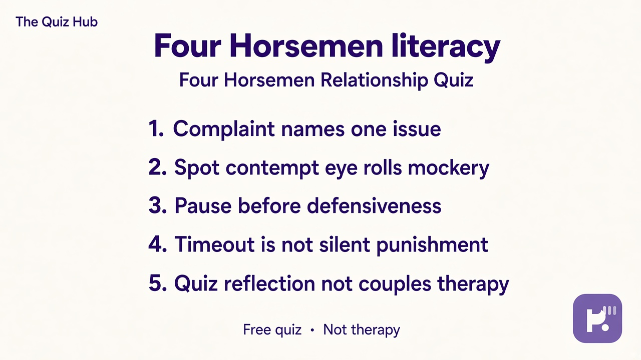 Four Horsemen quiz tips: name criticism vs complaint; spot contempt; pause defensiveness; timeout not stonewall; quiz not therapy