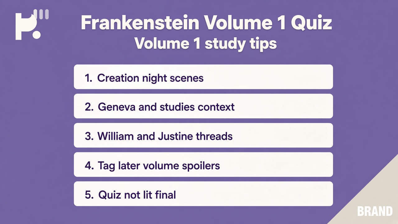Frankenstein Volume 1 tips: animation night; Geneva studies; William and Justine fallout; tag later volume spoilers; quiz not lit exam