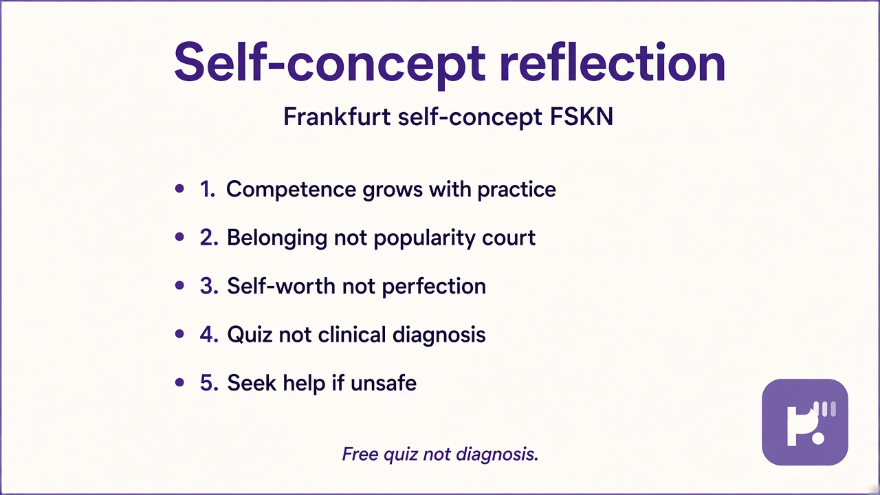 FSKN reflection tips: competence as practice; social belonging not popularity court; self-worth not perfection; quiz not diagnosis; 988 if unsafe