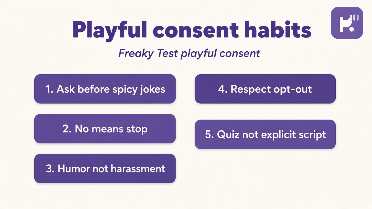 Freaky test tips: playful not crude; ask before spicy jokes; humor not harassment; quiz not porn script; respect opt-out