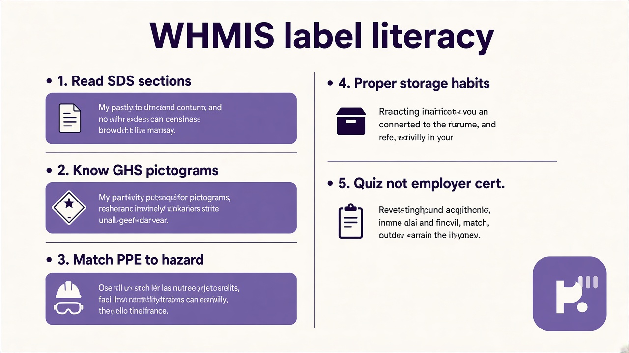 Free WHMIS quiz tips: read SDS sections; know pictograms; PPE and storage; quiz not employer cert