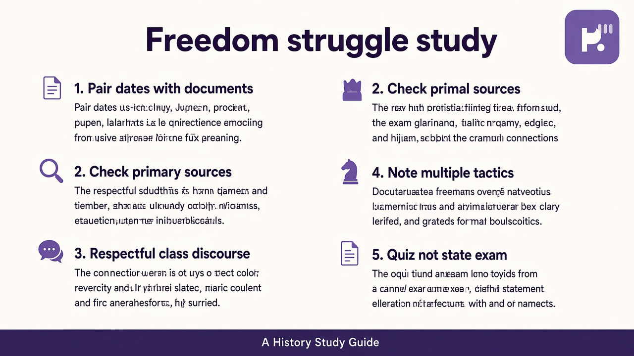 Freedom struggle tips: pair dates with documents; check archives; respectful unit talk; quiz not state exam