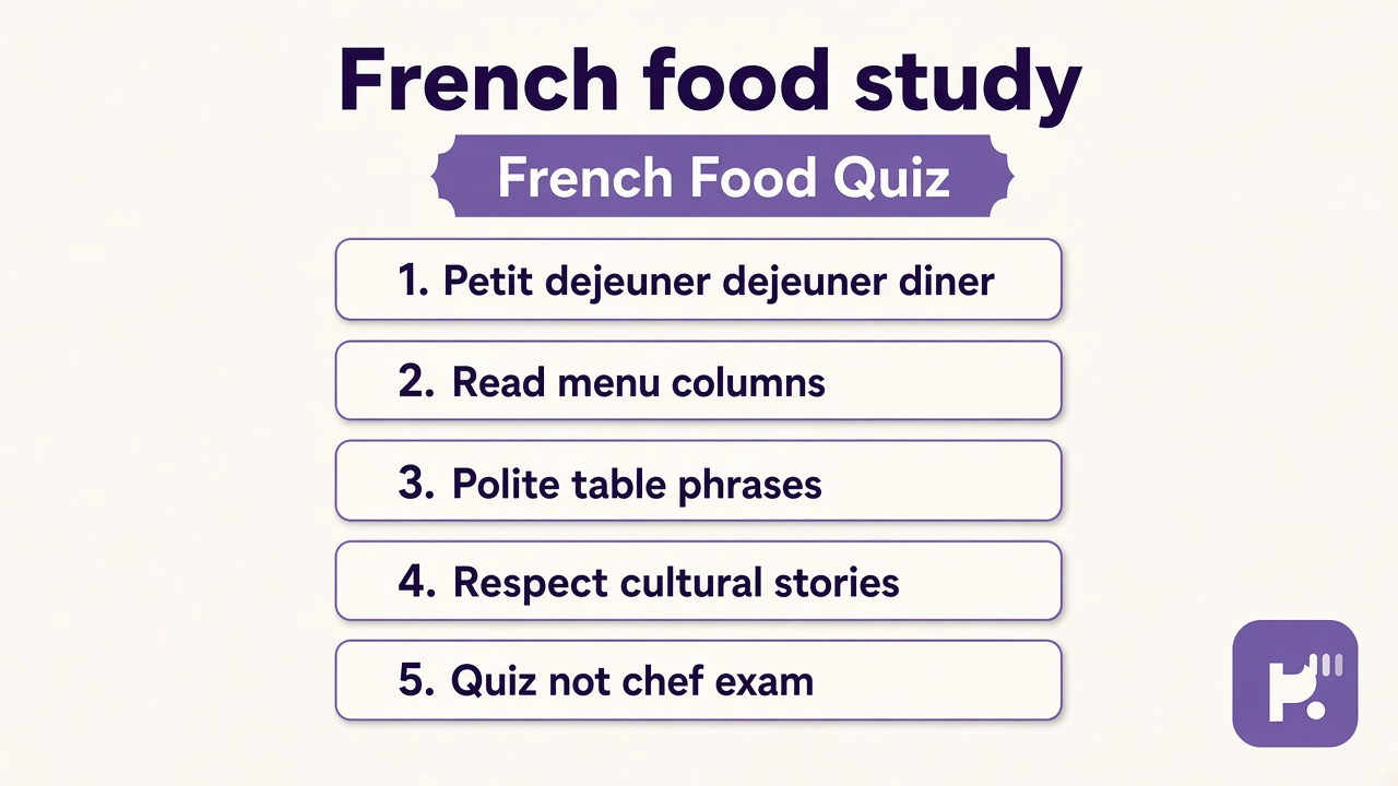 French food tips: petit dejeuner dejeuner diner; menu columns; polite table talk; quiz not chef exam