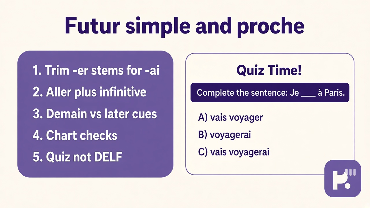 French future tips: futur simple -ai -ons; aller + infinitive proche; timeline cues; quiz not DELF