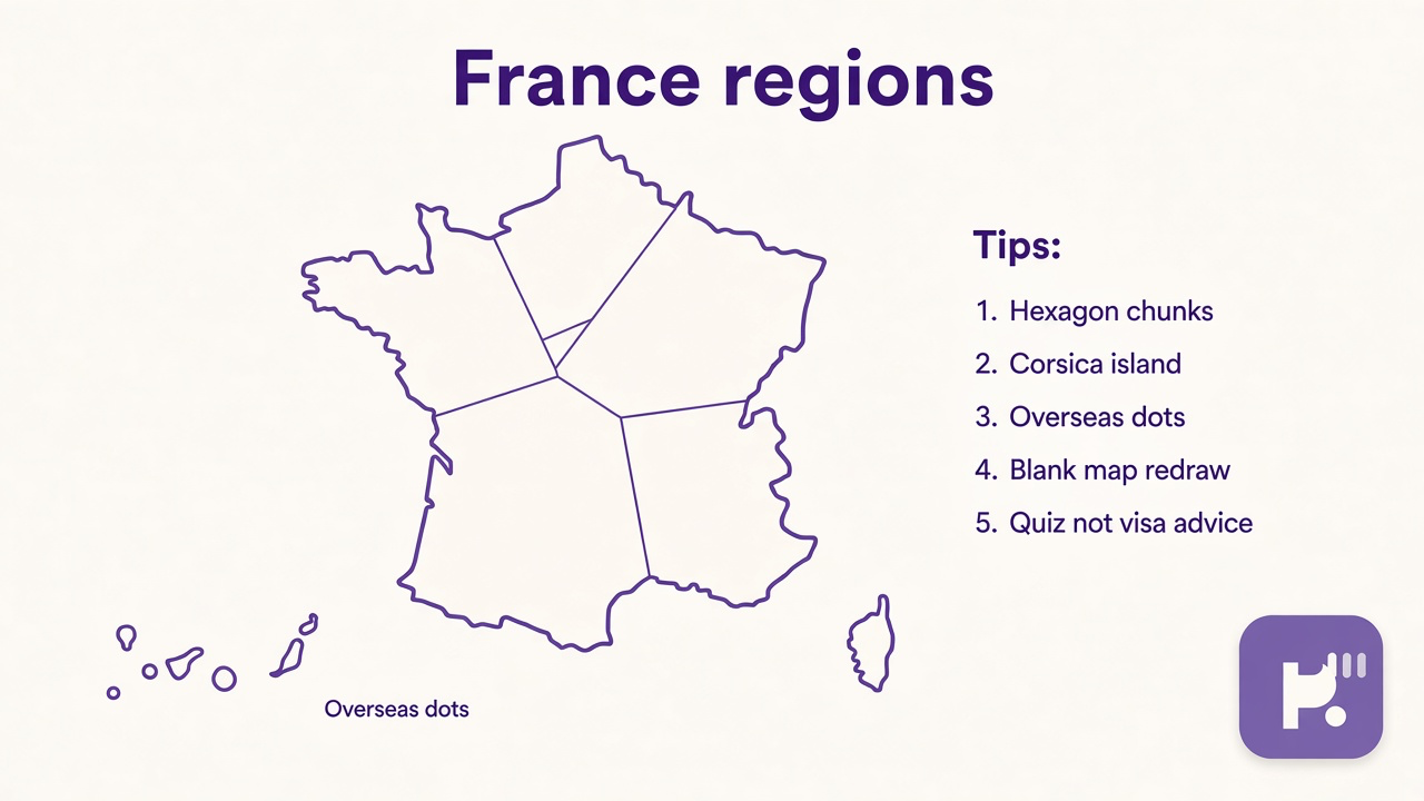 French regions tips: hexagon chunks; Corsica island; overseas dots on maps; respectful names; quiz not visa advice