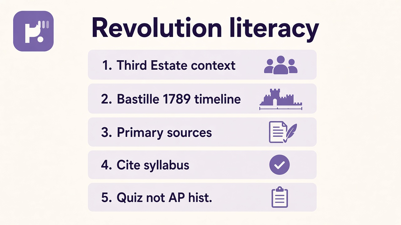 French Revolution tips: Third Estate; Bastille 1789; read primary sources; cite syllabus; quiz not AP hist