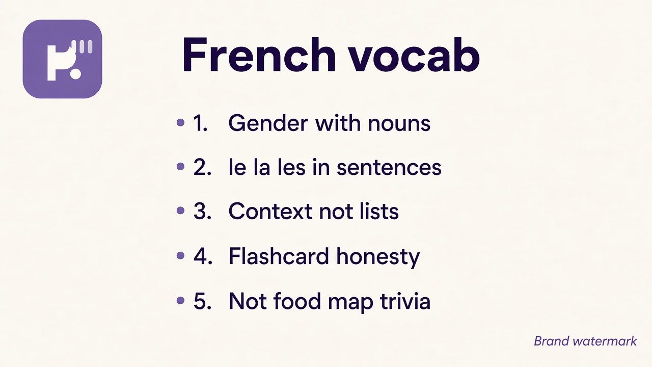 French vocab tips: learn gender with nouns; le la les in sentences; context not lists; not food map trivia