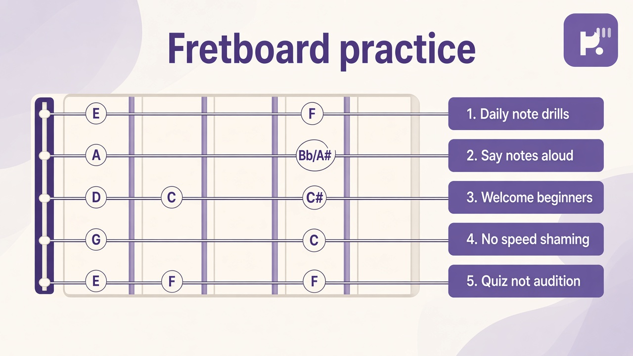 Fretboard quiz tips: daily drills; say notes aloud; welcome beginners; no speed shaming; quiz not audition