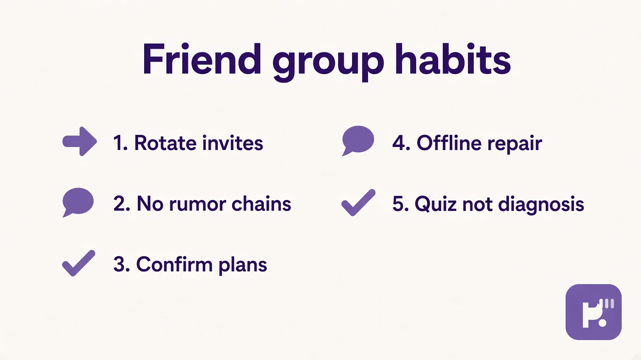 Friend group tips: invite kindly; skip rumor loops; confirm plans; talk offline; quiz not clinical labels