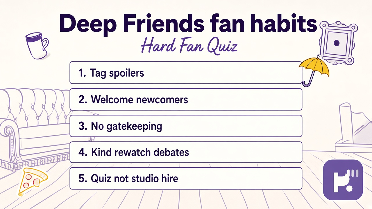 Friends hard fan quiz tips: rewatch joy; spoiler tags; welcome casual viewers; unofficial not studio; kindness not gatekeeping